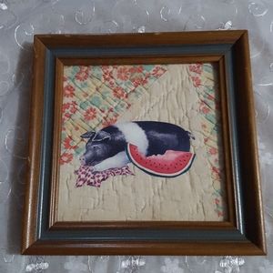 Framed Vintage Quilt Piece with Sleeping Pig and Watermelon